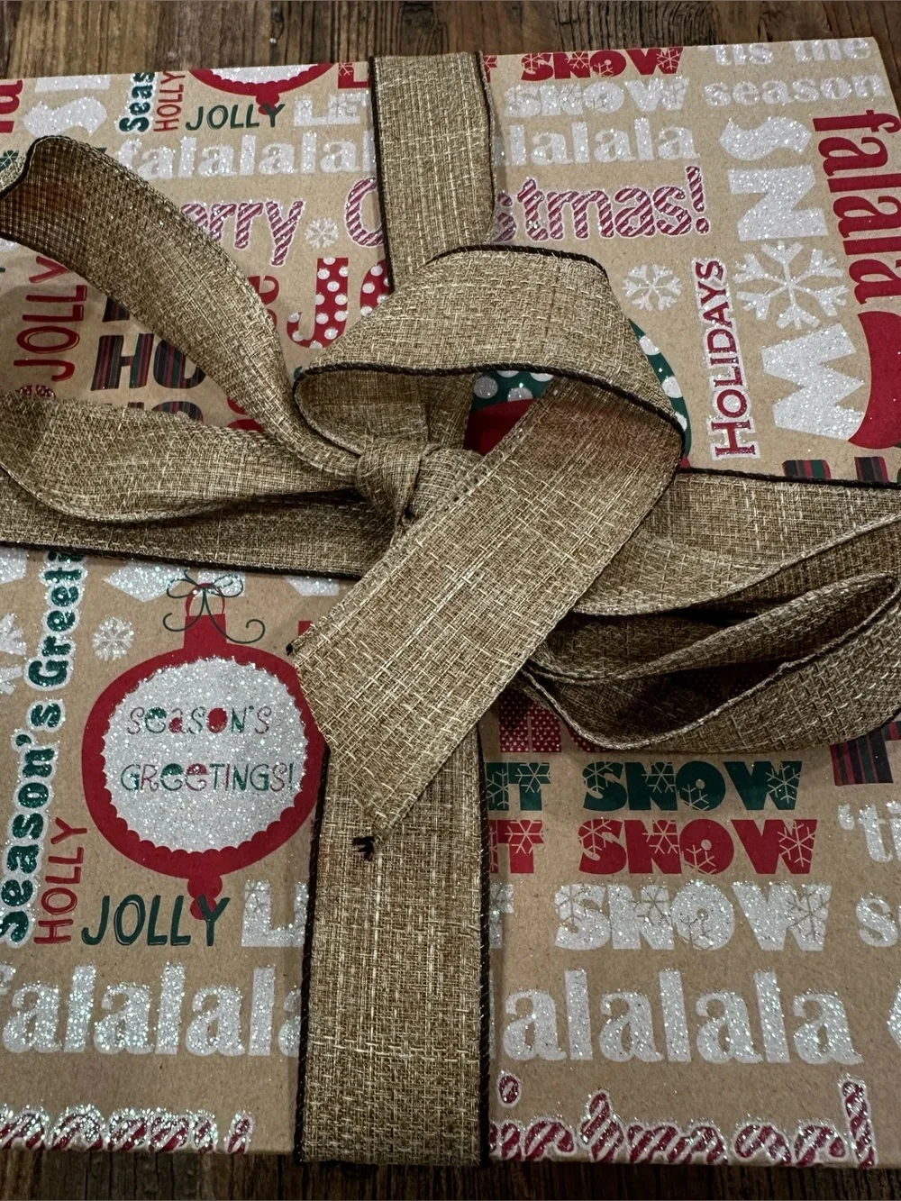 Festive 'Fa La La' Holiday Gift Box with Burlap Ribbon - Red & Green